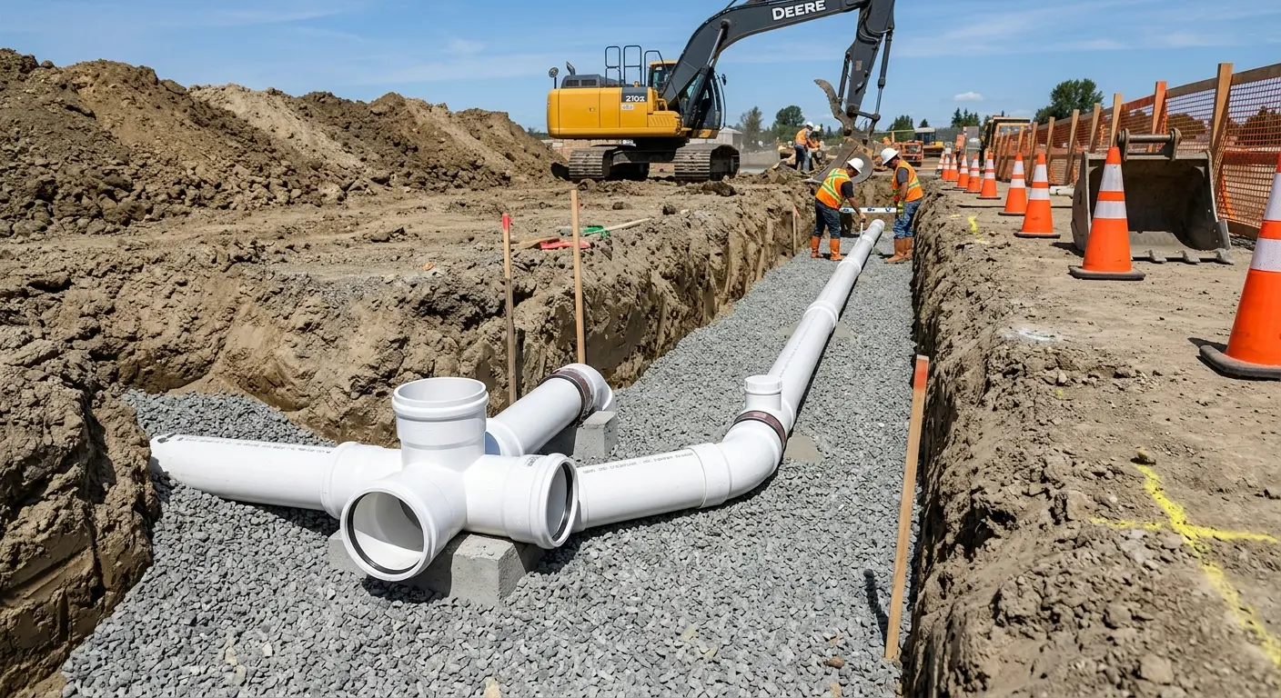 New PVC sewer pipe installation in open trench for Sewer Backup in June Park