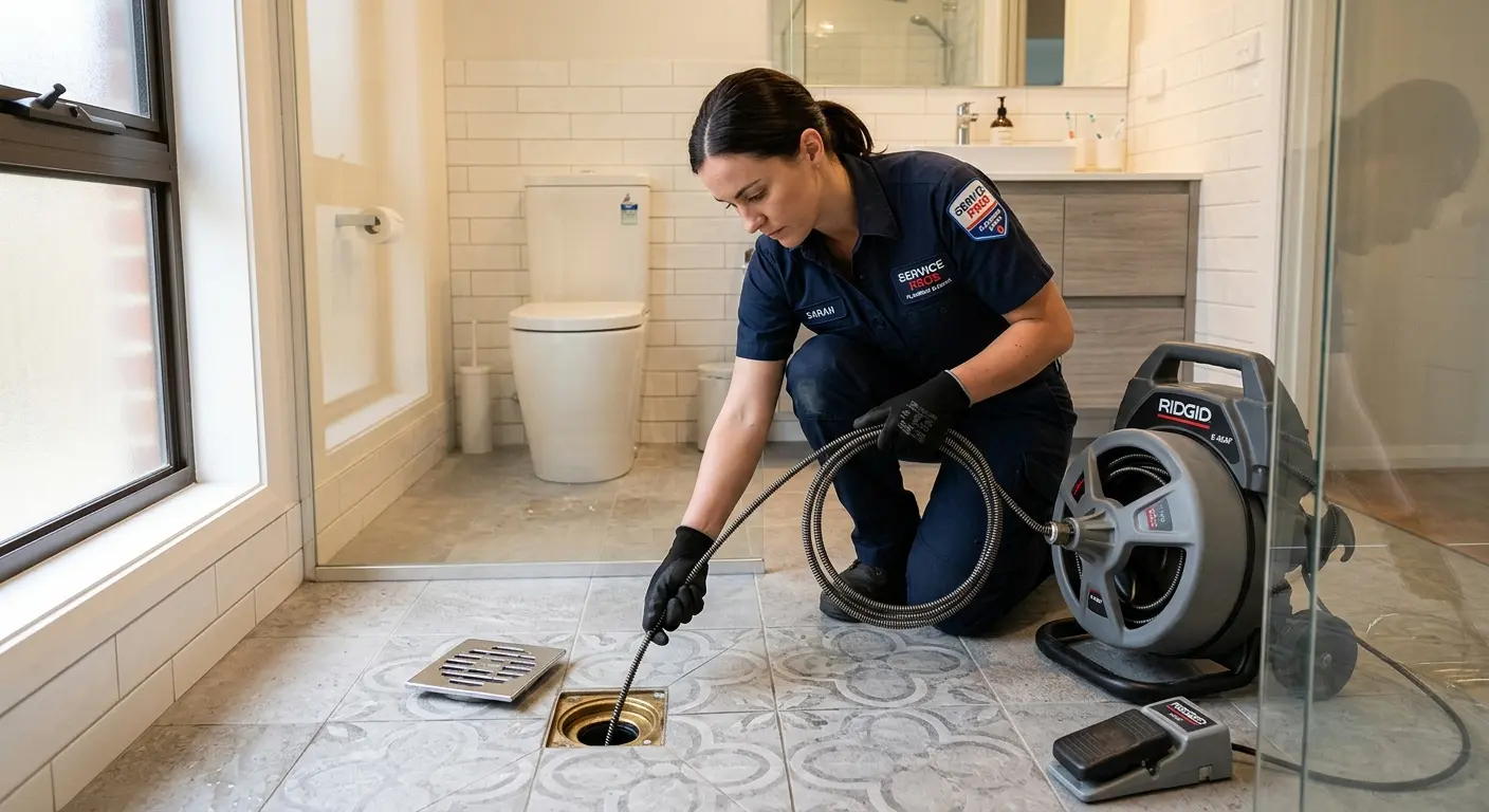 Technician clearing a bathroom floor drain for Drain Cleaning in June Park